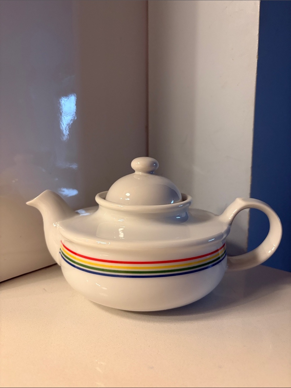 Vintage Toscany Collection White Ceramic Teapot with Rainbow Stripe